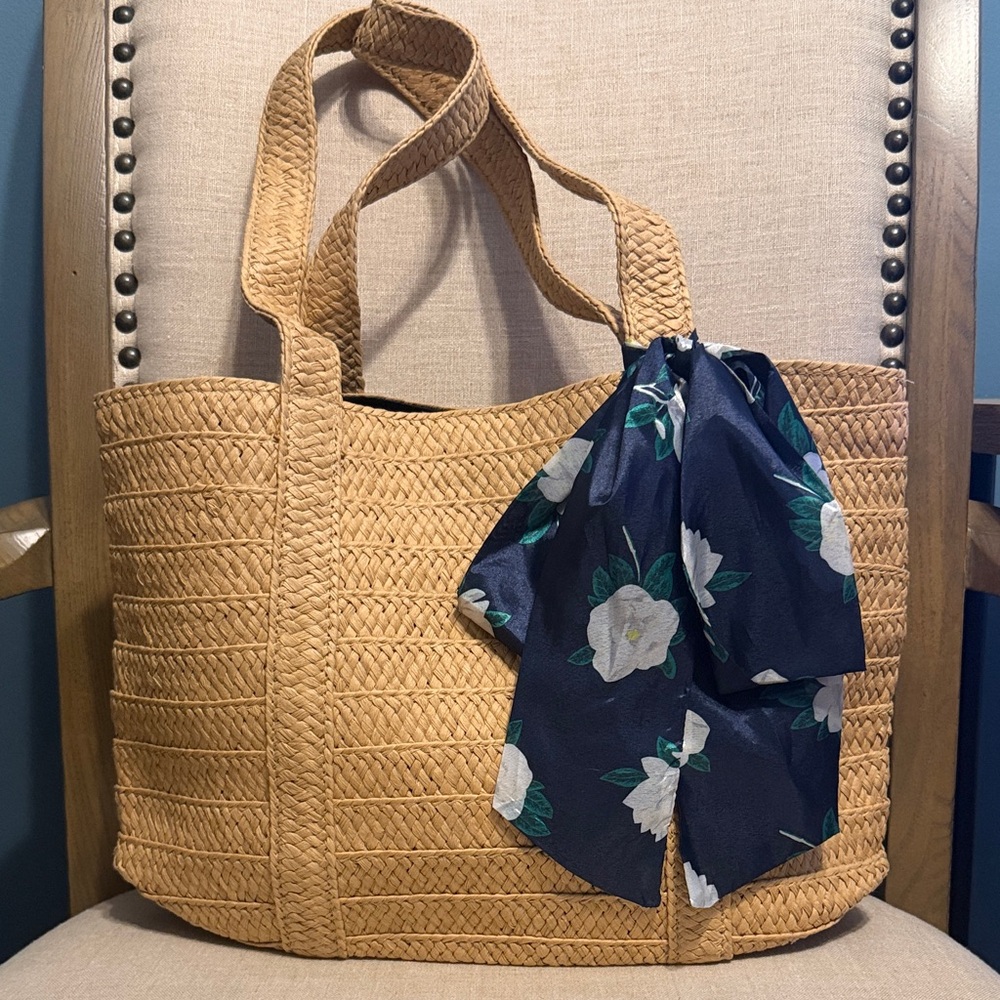 Draper James Tan Woven Tote with Navy Floral Scarf